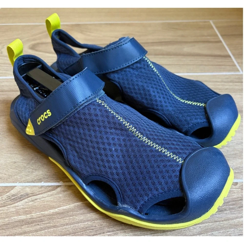 Crocs Mens Swiftwater Mesh Deck Water Sandals 9 Navy Yellow 205289 Gorpcore